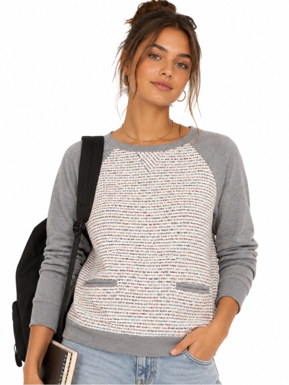 J. CREW GRAPHITE GRAY IVORY MERINO WOOL TWEED FRONT CREWNECK SWEATER L NWT